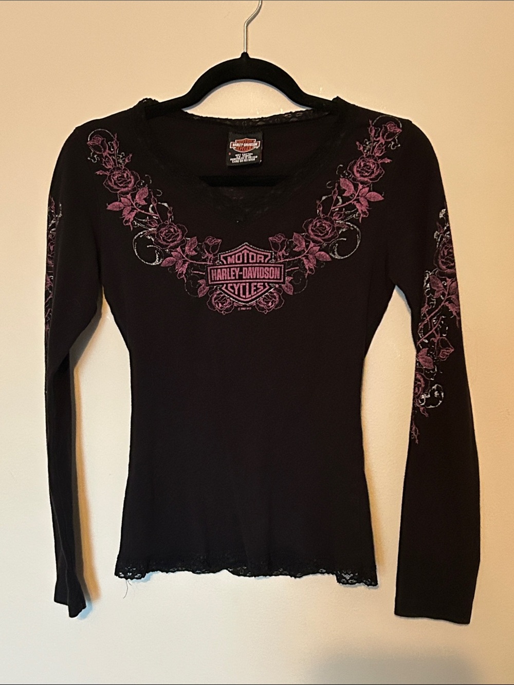 Harley-Davidson Black Long Sleeve Floral Logo Tee with Pink Accents